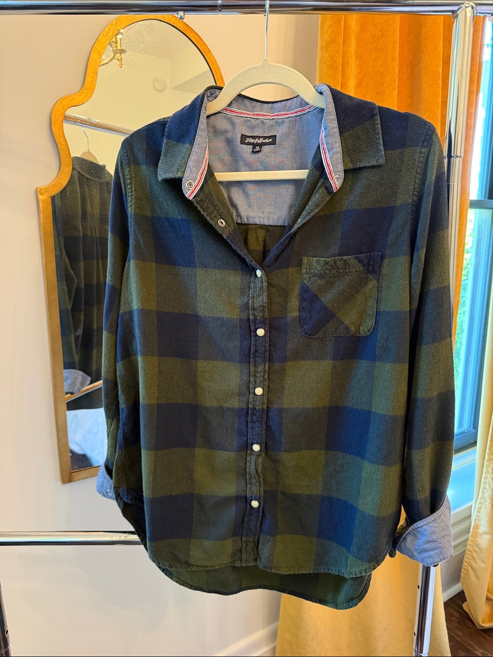 Flag & Anthem Green and Navy Plaid Button-Up Shirt with pearl buttons